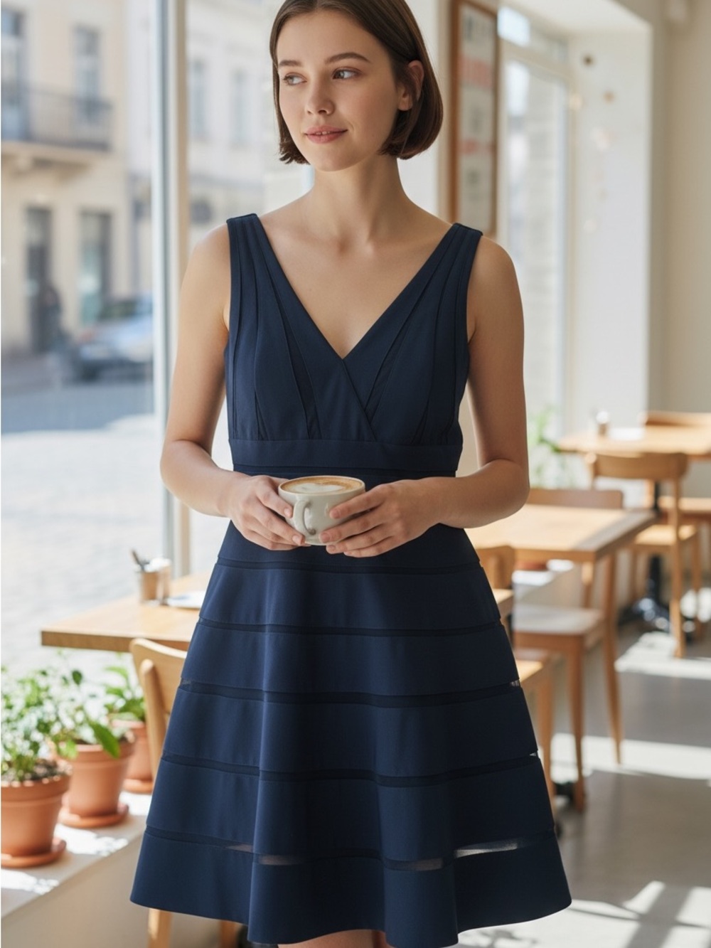 JS Collections Navy Sleeveless V-Neck Fit & Flare Midi Dress